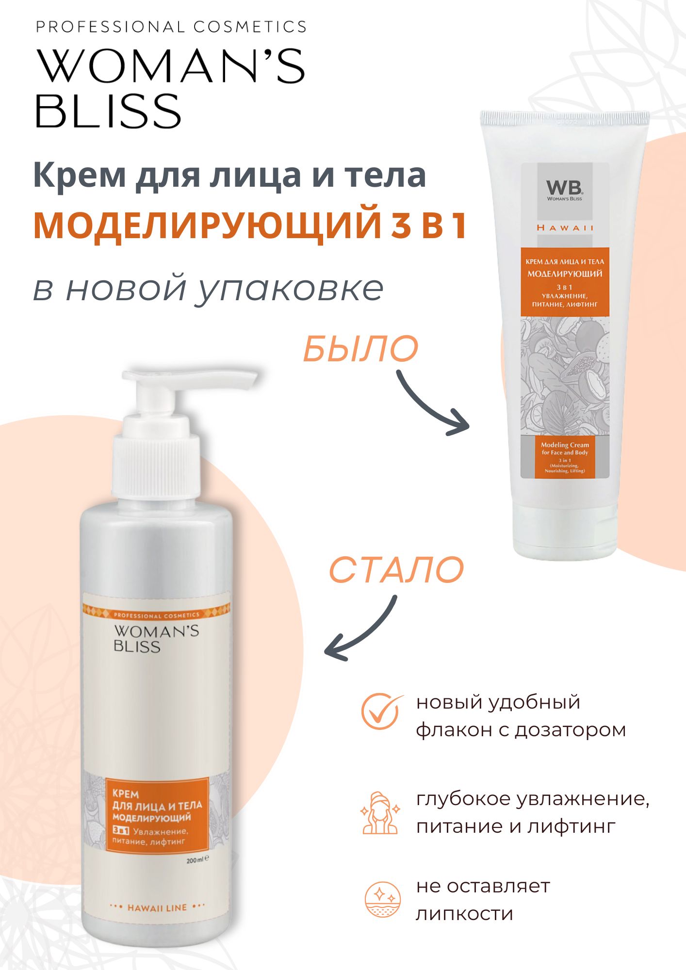 Крем для лица и тела моделирующий 3 в 1 (увлажнение, питание, лифтинг) - 200 мл