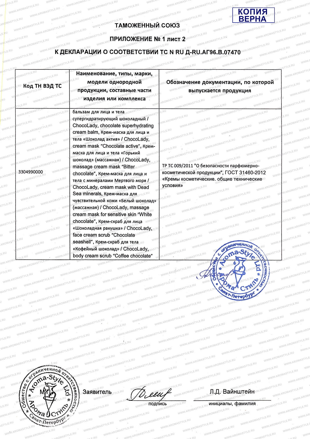 Сертификат "Косметические средства "ChocoLady (основной)" (стр. 2)